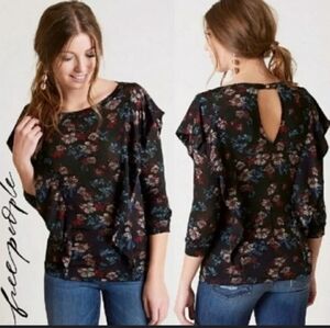New Free People Dock Street Black Floral Mesh Knit Draped Ruffle Top Size M